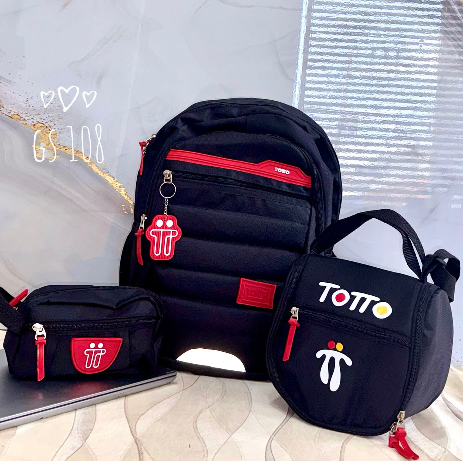 Combo Bolso Totto 3x1 / Negro Con Rojo