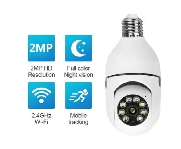 Cámara de Seguridad Tipo Bombillo E27 – Rotación 360° y Conectividad WiFi