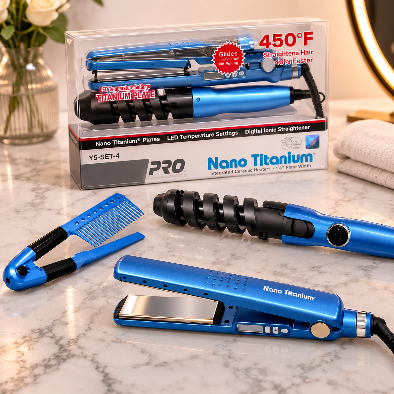Kit Alisado Profesional 3 en 1 — Plancha de Titanio + Rizador + Peine