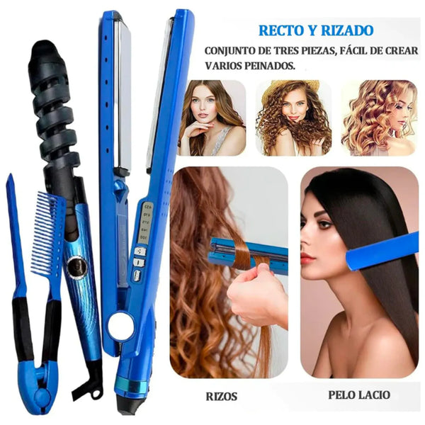 Kit Alisado Profesional 3 en 1 — Plancha de Titanio + Rizador + Peine